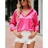 imagechouyatou Womens Lapel Collar Long Sleeve Satin Silk Dress Casual Button Down Shirt BlousesRose Red