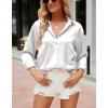 imagechouyatou Womens Lapel Collar Long Sleeve Satin Silk Dress Casual Button Down Shirt BlousesWhite