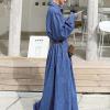 imagechouyatou Womens Long Sleeve Denim Shirt Dress Button Down Lapel Business Casual Maxi Long Jean DressBlue