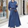 imagechouyatou Womens Long Sleeve Denim Shirt Dress Button Down Lapel Business Casual Maxi Long Jean DressBlue
