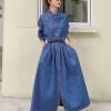 imagechouyatou Womens Long Sleeve Denim Shirt Dress Button Down Lapel Business Casual Maxi Long Jean DressBlue