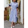 imagechouyatou Womens Long Sleeve Striped Shirt Dress Casual Button Down Midi Long Beach Dress with BeltBlue