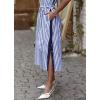 imagechouyatou Womens Long Sleeve Striped Shirt Dress Casual Button Down Midi Long Beach Dress with BeltBlue