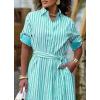 imagechouyatou Womens Long Sleeve Striped Shirt Dress Casual Button Down Midi Long Beach Dress with BeltGreen