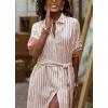imagechouyatou Womens Long Sleeve Striped Shirt Dress Casual Button Down Midi Long Beach Dress with BeltKhaki