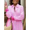 imagechouyatou Womens Long Sleeve Striped Shirt Dress Casual Button Down Midi Long Beach Dress with BeltPink