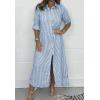 imagechouyatou Womens Long Sleeve Striped Shirt Dress Casual Loose Button Down Maxi Long Tunic DressBlue