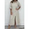 imagechouyatou Womens Long Sleeve Striped Shirt Dress Casual Loose Button Down Maxi Long Tunic DressLight Khaki