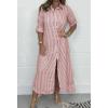 imagechouyatou Womens Long Sleeve Striped Shirt Dress Casual Loose Button Down Maxi Long Tunic DressPink