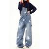 imagechouyatou Womens Loose Adjustable Strap Denim Bib Overall Distressed Star Pattern Barrel Leg Jeans JumpsuitBlue
