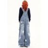 imagechouyatou Womens Loose Adjustable Strap Denim Bib Overall Distressed Star Pattern Barrel Leg Jeans JumpsuitBlue