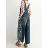 imagechouyatou Womens Loose Adjustable Strap Denim Bib Overall Floral Wide Leg Cropped Jeans JumpsuitBlue