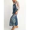 imagechouyatou Womens Loose Adjustable Strap Denim Bib Overall Floral Wide Leg Cropped Jeans JumpsuitBlue