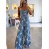 imagechouyatou Womens Loose Adjustable Strap Denim Bib Overalls Stars Print Wide Leg Baggy Long Jeans JumpsuitBlue