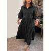 imagechouyatou Womens Loose Fit Puff Sleeve Maxi Tiered Babydoll Dress VNeck Cotton Long Button Down DressBlack