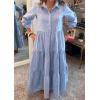 imagechouyatou Womens Loose Fit Puff Sleeve Maxi Tiered Babydoll Dress VNeck Cotton Long Button Down DressBlue