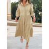 imagechouyatou Womens Loose Fit Puff Sleeve Maxi Tiered Babydoll Dress VNeck Cotton Long Button Down DressKhaki