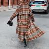 imagechouyatou Womens Plaid Button Down Wool Coat Notch Lapel Overcoat Winter Long Trench Coat with BeltBrown Red