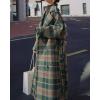 imagechouyatou Womens Plaid Button Down Wool Coat Notch Lapel Overcoat Winter Long Trench Coat with BeltGreen