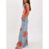 imagechouyatou Womens Retro Flare Wide Leg Jeans Floral Printed High Waist Palazzo Jean Trousers Denim PantsLight Blue