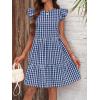 imagechouyatou Womens Retro Plaid Flounce Dress Flutter Sleeve Gingham Babydoll Tiered Short DressDark Blue