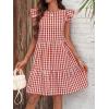 imagechouyatou Womens Retro Plaid Flounce Dress Flutter Sleeve Gingham Babydoll Tiered Short DressRed