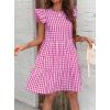 imagechouyatou Womens Retro Plaid Flounce Dress Flutter Sleeve Gingham Babydoll Tiered Short DressRose Red