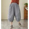 imagechouyatou Womens Retro Plaid Wide Leg Cropped Pants Elastic Waist Capri Harem Pants with PocketsBlack