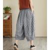 imagechouyatou Womens Retro Plaid Wide Leg Cropped Pants Elastic Waist Capri Harem Pants with PocketsBlack
