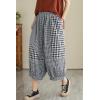 imagechouyatou Womens Retro Plaid Wide Leg Cropped Pants Elastic Waist Capri Harem Pants with PocketsBlack