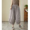 imagechouyatou Womens Retro Plaid Wide Leg Cropped Pants Elastic Waist Capri Harem Pants with PocketsBrown