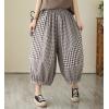 imagechouyatou Womens Retro Plaid Wide Leg Cropped Pants Elastic Waist Capri Harem Pants with PocketsBrown