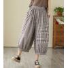 imagechouyatou Womens Retro Plaid Wide Leg Cropped Pants Elastic Waist Capri Harem Pants with PocketsBrown