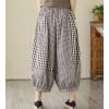 imagechouyatou Womens Retro Plaid Wide Leg Cropped Pants Elastic Waist Capri Harem Pants with PocketsBrown
