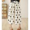 imagechouyatou Womens Retro Polka Dot Wide Leg Baggy Pants Elastic Waist Capri Palazzo Pants Culottes with PocketsBeige White