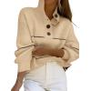 imagechouyatou Womens Slouchy Waffle Knit Sweater 12 Button Polo Collared Pullover Striped Sweater TopsKhaki