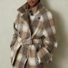 imagechouyatou Womens Stand Collar Plaid Wool Coat Peacoat Winter Overcoat Mid Long Trench Coat with BeltKhaki