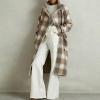 imagechouyatou Womens Stand Collar Plaid Wool Coat Peacoat Winter Overcoat Mid Long Trench Coat with BeltKhaki