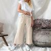 imagechouyatou Womens Striped Wide Leg Cotton Linen Pants Elastic Waist Loose Palazzo Trousers with PocketsApricot