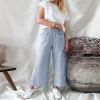 imagechouyatou Womens Striped Wide Leg Cotton Linen Pants Elastic Waist Loose Palazzo Trousers with PocketsBlue