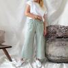imagechouyatou Womens Striped Wide Leg Cotton Linen Pants Elastic Waist Loose Palazzo Trousers with PocketsGreen
