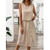 imagechouyatou Womens Summer 2 Piece Outfits Button Crop Tank Top Pleated Midi Skirt Matching SetKhaki