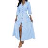 imagechouyatou Womens Summer 34 Sleeve Striped Shirt Dress Elastic High Waisted Beach Maxi Long Button Down DressBlue