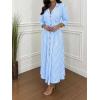 imagechouyatou Womens Summer 34 Sleeve Striped Shirt Dress Elastic High Waisted Beach Maxi Long Button Down DressBlue