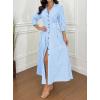 imagechouyatou Womens Summer 34 Sleeve Striped Shirt Dress Elastic High Waisted Beach Maxi Long Button Down DressBlue
