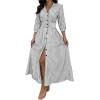 imagechouyatou Womens Summer 34 Sleeve Striped Shirt Dress Elastic High Waisted Beach Maxi Long Button Down DressGrey