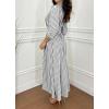 imagechouyatou Womens Summer 34 Sleeve Striped Shirt Dress Elastic High Waisted Beach Maxi Long Button Down DressGrey