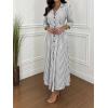 imagechouyatou Womens Summer 34 Sleeve Striped Shirt Dress Elastic High Waisted Beach Maxi Long Button Down DressGrey