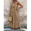imagechouyatou Womens Summer Beach Cotton Tank Dress Linen Boho Sleeveless Tiered Ruffle Maxi Long SundressKhaki