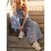 imagechouyatou Womens Summer Boho Floral Denim Bib Overalls Adjustable Strap Wide Leg Jumpsuits Jeans with PocketsDenim Blue